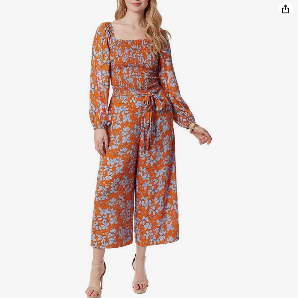 Jessica Simpson Orange Blue Floral Two Piece Set Smocked Top Wide Leg Pants M